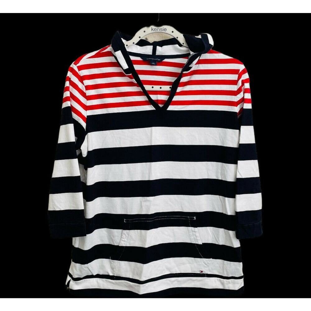 Tommy Hilfiger Hoodie Shirt Womens Large Red White Blue 3/4 Length Sleeves EUC